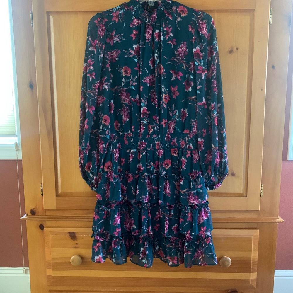 MSK Teal Floral Tiered Long Sleeve Dress with Pink Accents